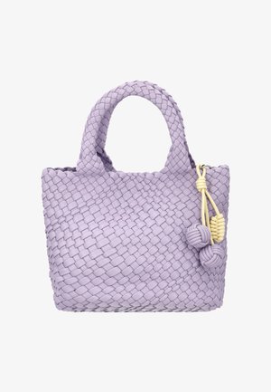 Fialová tkaná kabelka se dvěma zaoblenými uchy a třemi ozdobnými uzlovanými třásněmi ve fialové a světle žluté barvě.