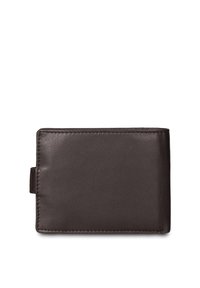 Portafoglio in pelle marrone con finitura testurizzata, design rettangolare semplice e cuciture visibili, dotato di una linguetta laterale per un'apertura facile.