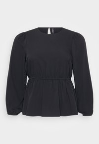 Black blouse with long puff sleeves, gathered waist, and peplum design. Smooth fabric with a keyhole opening at the back. Simple and elegant.