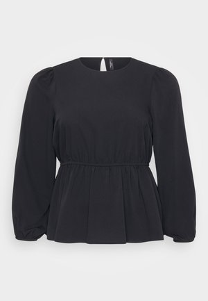 Black blouse with long puff sleeves, gathered waist, and peplum design. Smooth fabric with a keyhole opening at the back. Simple and elegant.