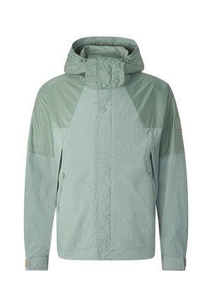 Jasnos zielona kurtka z kapturem z przednim zamkiem błyskawicznym, zatrzaskami, kieszeniami zapinanymi na zamek po bokach i regulowanymi mankietami przy długich rękawach.
