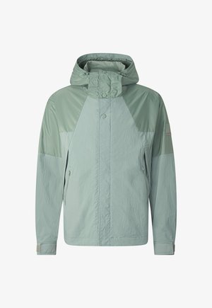 Hellgrüne Kapuzenjacke mit Frontreißverschluss, Druckknöpfen, seitlichen Reißverschlusstaschen und verstellbaren Bündchen an langen Ärmeln.