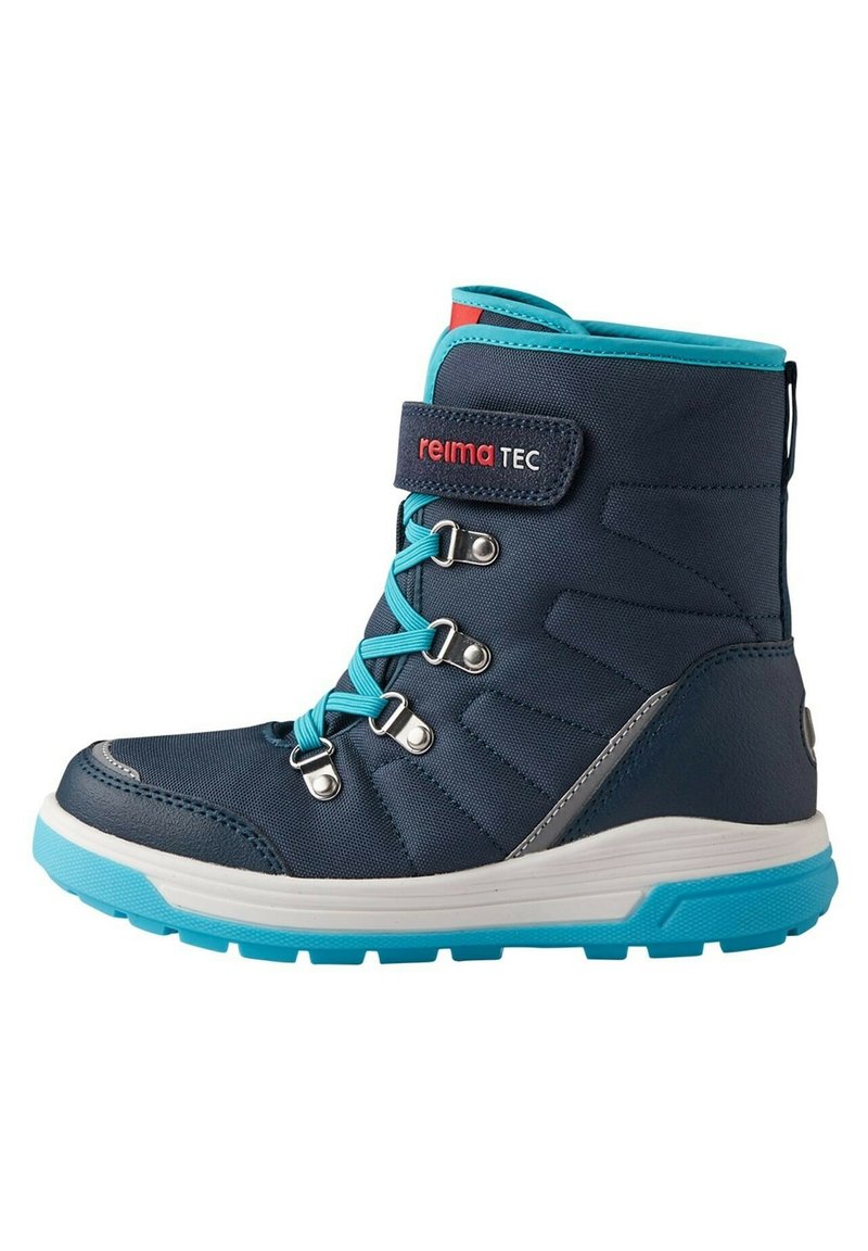 Botte d'hiver bleu marine avec tige texturée, lacets bleus et bande Velcro. Dispose d'une semelle intercalaire blanche et d'une semelle en caoutchouc teal.