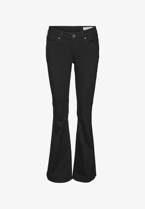 Schwarze Schlagjeans aus Denim, mit Reißverschluss und Knopfverschluss, zwei vorderen Taschen und einem klassischen Fünf-Taschen-Design.