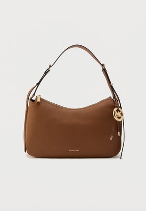 Brown leather shoulder bag with a curved shape, gold hardware accents, and a logo charm; features a zip closure and adjustable strap.
