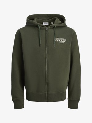 Haut à capuche zippé vert en tissu mélange coton. Doté d'une fermeture éclair à l'avant, d'une capuche avec cordon de serrage et d'un logo sur la poitrine gauche. Poignets et ourlet côtelés.