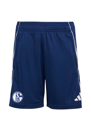 Shorts de sport bleu marine avec taille élastique, bandes latérales blanches, logo Adidas sur l'ourlet droit et emblème du club de football Schalke 04 sur l'ourlet gauche.