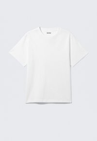 Weißes Baumwoll-T-Shirt mit Rundhalsausschnitt und kurzen Ärmeln. Gerader Saum ohne Muster oder Akzente, bietet ein einfaches Design.