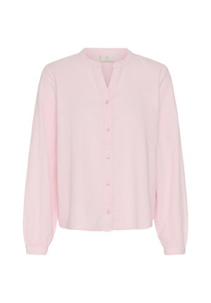 Bluză roz deschis cu mâneci lungi, guler tip bandă, nasturi în față și manșete adunate.