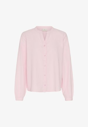 Hele roosa pika varrukaga pluus paelakaeluse, nööpidega esiosa ja kogutud mansettidega.