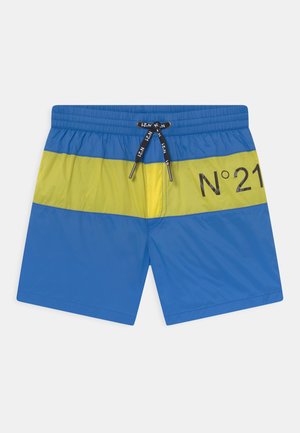 Niebiesko-żółte kąpielówki z elastycznym pasem, czarnym sznurkiem z napisem "N°21" oraz nadrukiem "N°21" na żółtym pasku.