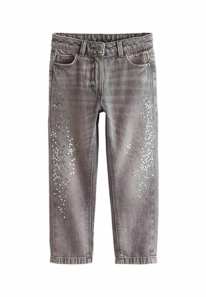 Jean gris délavé avec poches avant et fermeture à boutons, décoré de petits sequins argentés éparpillés sur l'avant des cuisses.