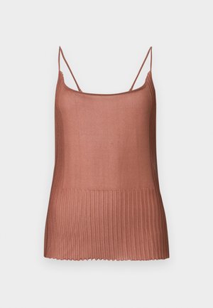 Rücskös, bordázott ujjatlan felső meleg, középbarna színben. Vékony pántok és egyenes dekoltázs. Puha, könnyű kötött anyag.