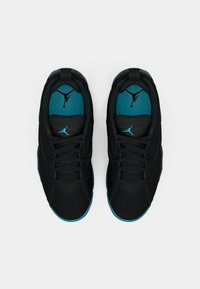 Sneakers Air Jordan neri e turchesi con lacci, esposti dall'alto su uno sfondo bianco.