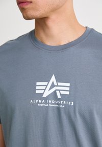 Pelēks kokvilnas T-krekls ar apaļu kakla izgriezumu. Satur balto logotipu ar abstraktu dizainu un tekstu "ALPHA INDUSTRIES, KNOXVILLE, TENNESSEE, U.S.A."