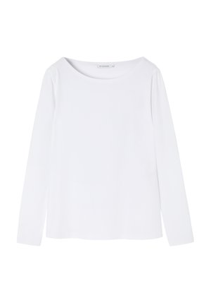 Pikad varrukad valge topp laia kaelusega, valmistatud siledast kangast. Omab mugavat lõiget ja sirgeid ääri. Ilma mustrite või dekoratsioonideta.