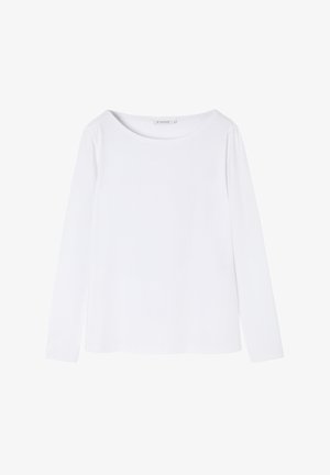 Long-sleeve white top with a wide neckline, made from smooth fabric. Features a relaxed fit and straight hems. No patterns or embellishments.