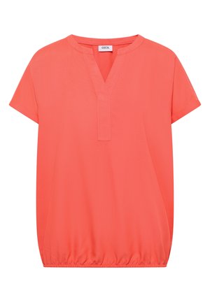 Blouse corail à manches courtes avec fente en V, ourlet élastique et étiquette de la marque CECIL dans le dos du col.