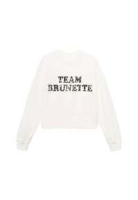 Felpa bianca accorciata con colletto e polsini a coste, caratterizzata da testo nero logorato "TEAM BRUNETTE" sulla parte anteriore.