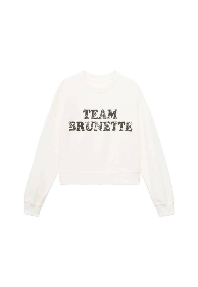 Felpa bianca accorciata con colletto e polsini a coste, caratterizzata da testo nero logorato "TEAM BRUNETTE" sulla parte anteriore.