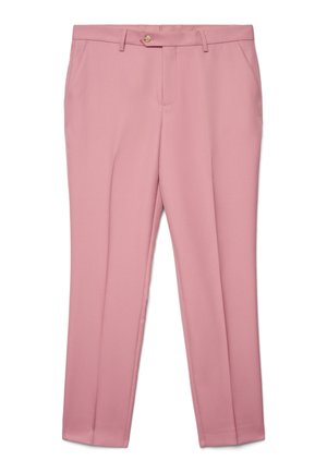 Slim-fit pink dress trousers with front pockets, belt loops, a button closure, and a crease down the center of each leg.