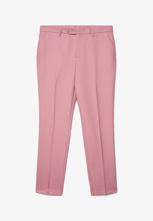 Slim-fit pink dress trousers with front pockets, belt loops, a button closure, and a crease down the center of each leg.