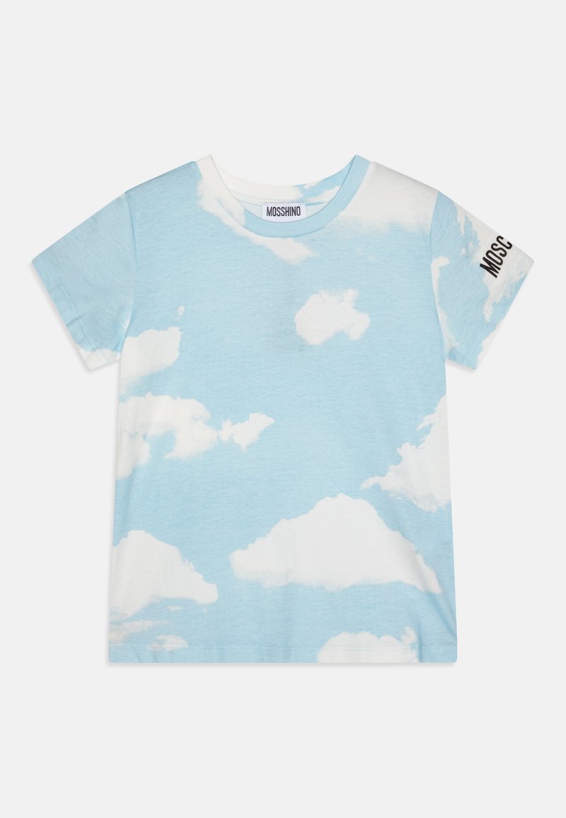 Light blue t-shirt with a cloud pattern, short sleeves, and a round neck. Features "MOSCHINO" in black printed on one sleeve.
