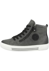 Grå hög sneakers i läder, med svarta snören, en sidodragkedja och en cirkulär logotypapplikation, samt en vit gummisula och svarta ränder.