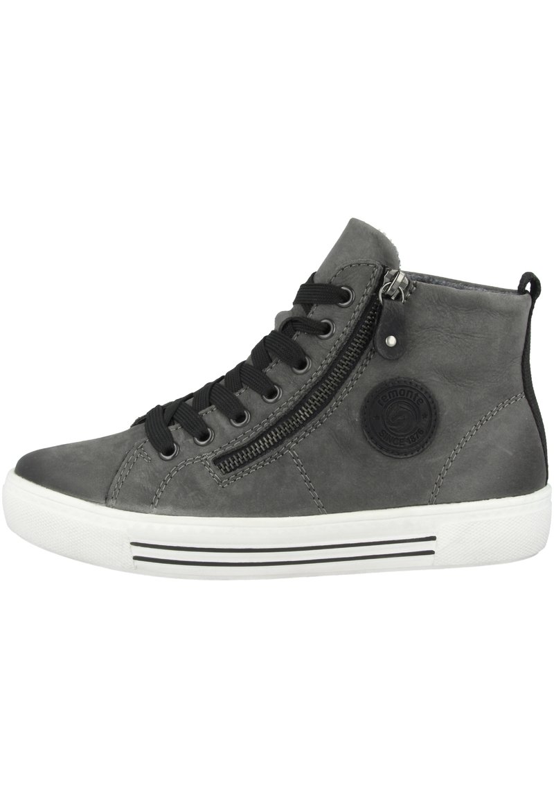 Grå hög sneakers i läder, med svarta snören, en sidodragkedja och en cirkulär logotypapplikation, samt en vit gummisula och svarta ränder.