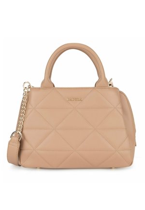 Beige gestepptes Lederhandtasche mit oberen Griffen, goldenem Kettenriemen, Reißverschluss und "BADURA"-Logo in der vorderen Mitte.