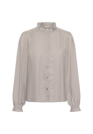 Světle šedá blůza s dlouhými rukávy a volánkovým límcem, s knoflíky vpředu a nařasenými rukávy. Hladká, mírně texturovaná látka.