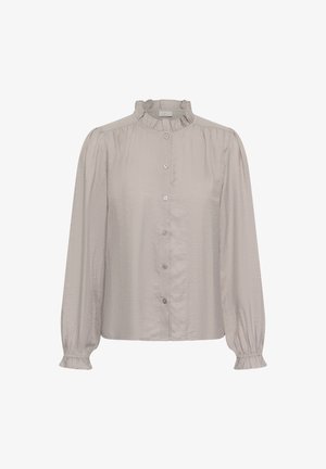 Světle šedá blůza s dlouhými rukávy a volánkovým límcem, s knoflíky vpředu a nařasenými rukávy. Hladká, mírně texturovaná látka.