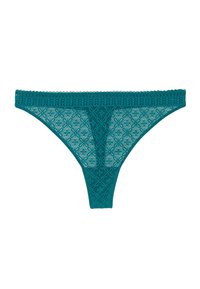 Tanga en dentelle teal avec un motif floral et une ceinture en dentelle festonnée sur fond blanc.