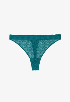 Slip di pizzo verde acqua con motivo floreale e vita in pizzo scallop su sfondo bianco.