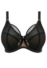 Zwarte mesh beha met een doorschijnend ontwerp, driehoekige cups en een roségouden accent in het midden. Verstelbare bandjes voor een gepersonaliseerde pasvorm.