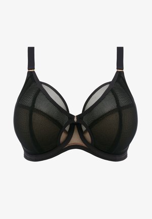 Schwarzer Netz-BH mit transparentem Design, Dreieckskörbchen und einem roségoldenen Akzent in der Mitte. Verstellbare Träger für eine individuelle Passform.