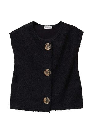Black sleeveless vest made from textured fabric, featuring three large, shiny gold buttons on the front and a round neckline.