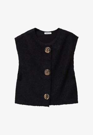 Gilet sans manches noir en tissu texturé, doté de trois grands boutons dorés brillants à l'avant et d'un col rond.