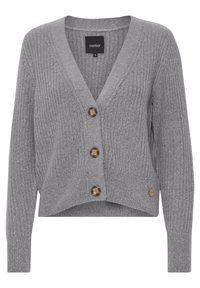 Grå ribbestrikket cardigan med lange ermer og dyp V-hals. Har tre store brune knapper og en cropped hemline.