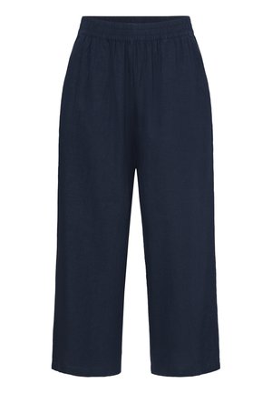 Pantalon large bleu marine à taille élastique, fabriqué en tissu léger, conçu pour le confort et un port décontracté.