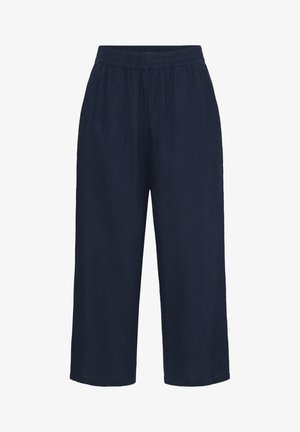 Pantalon large bleu marine à taille élastique, fabriqué en tissu léger, conçu pour le confort et un port décontracté.