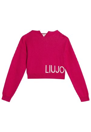 Fuchsia cropped sweater with long sleeves, a V-neck, and "LIUJO" logo in white on the left side. Soft, knitted texture.