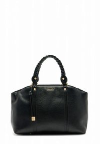 Borsa a mano in pelle nera con finitura testurizzata, manici intrecciati, dettagli in oro e chiusura superiore con cerniera.