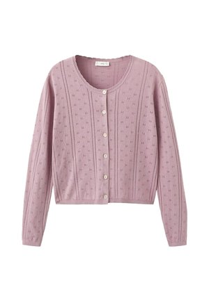 Hellviolette Strickjacke mit langen Ärmeln, rundem Ausschnitt, vertikalem Lochmuster und sechs weißen Knöpfen auf der Vorderseite.