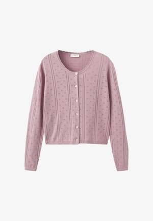 Cardigan tricotat de culoare mov deschis, cu mâneci lungi, decolteu rotund, model vertical cu ochiuri și șase nasturi albi în față.