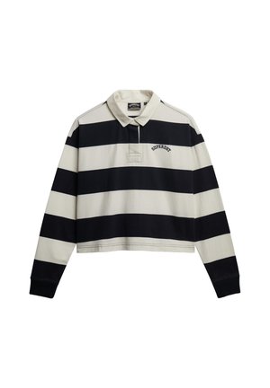 Korte mouwen polo shirt met zwarte en crèmekleurige horizontale strepen. Beschikt over een kraag en een geborduurd "Superdry" logo op de borst.