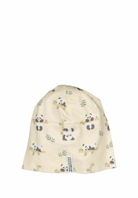 Hattu kuviolla panda pehmeässä beige-kankaassa, jossa on leikkisiä pandakuvausia oksilla vihreiden lehtien kanssa; joustava istuvuus, sileä rakenne.