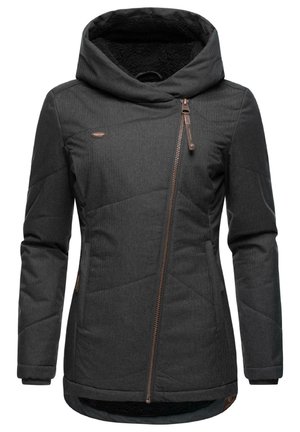 Veste d'hiver pour femme gris foncé avec capuche, fermeture éclair diagonale à l'avant, et doublure intérieure douce pour la chaleur et le confort.