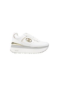 Sneaker platform bianche con tomaia in pelle liscia, dotate di accenti dorati, design elegante e suola con texture. Logo del marchio visibile.