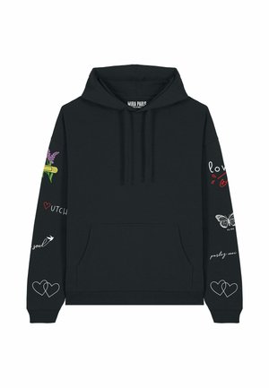 Zwarte hoodie met een kangoeroezak. Voorzien van decoratieve grafische afbeeldingen op de mouwen, waaronder bloemen, harten en handgeschreven tekst. Gemaakt van een katoenmix.